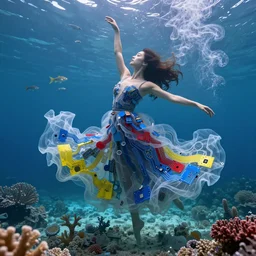 woman dancing underwater wearing a long flowing dress made of many translucent layers of blue and red and yellow circuit boards, delicate coral sea bottom, swirling silver fish, swirling smoke shapes, unreal engine, caustics lighting from above, cinematic, hyperdetailed