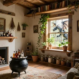 cottage living room interior with a witch cauldron and bottles of potions and ingredients in jars, sunny, natural materials, rustic wood, window sill with plants, vines on the walls, dried herbs under the ceiling bookshelves, design. A dragon looking through the window