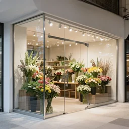 flower shop interior design, made of steel and glass, modernism, minimalism