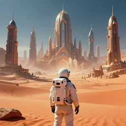 “ human astronaut wide shot picture from behind gaze in awe looking at an unknown vast alien city high edifications intricate architecture desert sharp focus art detail lights cinematic hdr vibrant colors ”