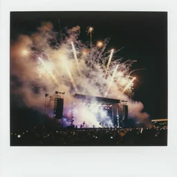 80s polaroid colour flash photograph of Rammstein concert pyrotechnics