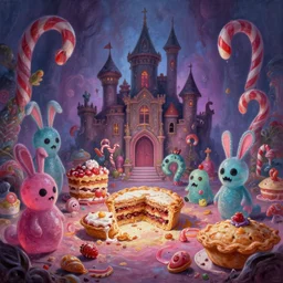 an epic fantastic realism comic book style painting of an enchanted dreamland of creepy candy critters, scary gumdrop bunnies, sinister candy cane serpents, castles made of rotten cakes and pies, cinema 4 d, hd, dynamic lighting