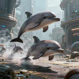 apocalyptic, dolphin aliens walking on the future streets. smoke. volumetric lighting, sharp focus, ultra detailed, cgsociety - w 1 0 2 4 - n 8 - i