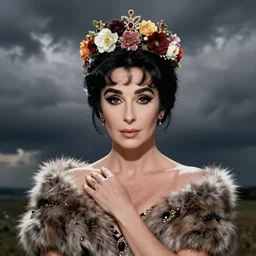 center portrait fine art photo of the beauty princess elizabeth taylor, dramatic pose she has a crown of stunning flowers and fur stole and black dress gemstones, realistic eyes, background full of stormy clouds, by peter mohrbacher