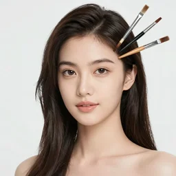 beautiful portrait of a woman with artistic drawing brushes in her hair.