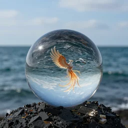 glass ball with phoenix rising from the ashes on an ocean