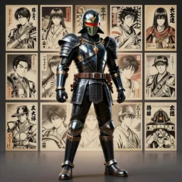Japanese special series of hero stories, masked knight, masked Knight full body painting, sculpture, poster style, film texture, ukiyo, card setting, produced by ishimori zhangtaro and Toyo Co., Ltd, trending on artstation, rendering by octane, 8k, unreal engine, in volumetric lighting, rendered in Maya, 3D, HDR on, lines