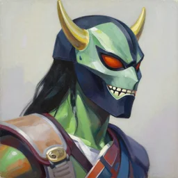 greg manchess portrait painting of jade from mortal kombat wearing an oni halfmask as overwatch character, medium shot, asymmetrical, profile picture, organic painting, sunny day, matte painting, bold shapes, hard edges, street art, trending on artstation, by huang guangjian and gil elvgren and sachin teng
