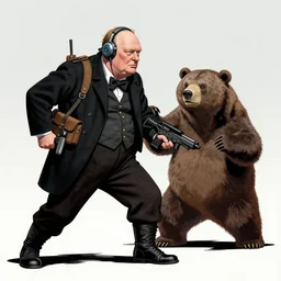 Winston Churchill as a cyberpunk mercenary wearing a cyberpunk headset and military gear while fighting a bear. In style of moebius.