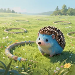 a cute blue hedgehog, meadow with many rings, beautiful grassland, early morning hours, long shadows, extremely detailed, fantasy painting, by jean - baptiste monge!!!!