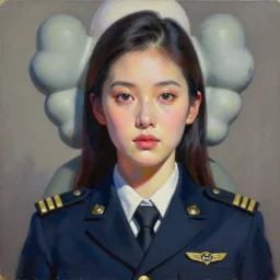portrait by shusei nagaoka kaws, david rudnick, airbrush on canvas, pastell colors, cell shaded of a woman with a pilot suit