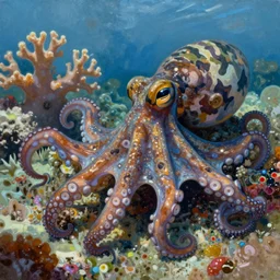 a ultra high resolution photorealistic painting a camouflaged octopus scampering across a coral seabed. the light is shimmering bright, and the colors are brilliant. it is looking at the camera lens, in the style of of greg rutkowski, alphonse mucha, digital painting, high octane