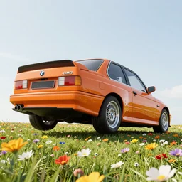 blender render of orange bmw e 3 0 m 3 in a field of flowers, picture taken from below