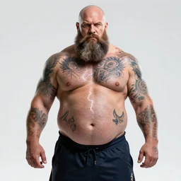 ultra detailed full body portrait of bald man, long beard, strong arms, big belly, tattoos, cinematic lightning, bright colors, intricate, masterpiece, photorealistic, hiperrealistic, sharp focus, high contrast, artstation hq, deviantart trending, 8 k uhd, unreal engine 5, unity engine, post production w 7 6 8