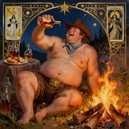a dramatic, epic, ethereal painting of a !!handsome!! thicc chunky beefy mischievous shirtless man with a big beer belly wearing a large belt and bandana offering a whiskey bottle | he is relaxing by a campfire | background is a late night with food and jugs of whisky | homoerotic | !!cowboy!!, stars, tarot card, art deco, art nouveau, intricate | by Mark Maggiori (((and Alphonse Mucha))) | trending on artstation