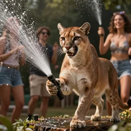 a beautiful humanoid puma partying together with a water sprinkler, highly detailed, octane render, cinematic, high detail, unreal engine, 8 k, high contrast, golden ratio, trending on cgsociety