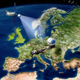 satellite view of europe with a gigantic super computer visible from space, artstation, volumetric light, high detail, reflections, perfect, concept art, hdr, 8 k