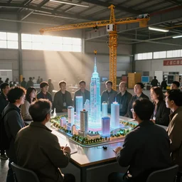 large group people in open warehouse, looking at hologram of futuristic city on a table, cinematic concept art, godrays, golden hour, natural sunlight, 4 k, clear details, tabletop model buildings, tabletop model, hologram center, crane shot, crane shot, crane shot