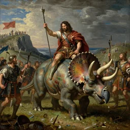 hannibal crosses the alps with battle triceratops, punic wars, renaissance painting style