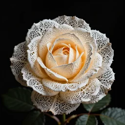a well-lit detailed macro photograph of a beautiful sliver filigree rose against a black backdrop.