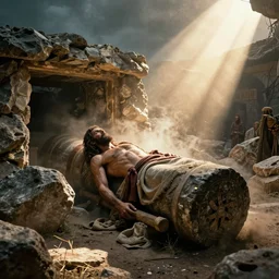 cinematic still outside of the Jesus's tomb with stone rolled away, heavenly light coming from the opening, just before dawn, dynamic angles, miracle, magical, wondrous, Biblical epic movie directed by Ridley Scott