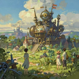 a beautiful landscape painting of steampunk landscape, by alfons maria mucha and julie dillon and makoto shinkai, trending on artstation, octane render