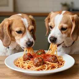 photo of two dogs eating spaghetti and meatballs, tomato sauce, 50mm, beautiful photo