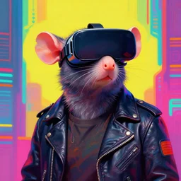 anthropomorphic rat man wearing a leather jacket and VR goggles, psychedelic artwork, bright colors, cyberpunk background, digital painting by ruan jia