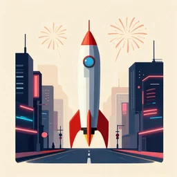 rocket standing on a street in the middle of a cyberpunk city, neon signs, beige background, minimalism, fireworks, night time, flat design, flat colors, in the style of a soviet propaganda poster