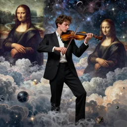 a young man on future playing violin, on cosmic cloudscape, italian futurism, dan mumford, da vinci, josan gonzalez