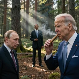 joe biden smoking a fat blunt with obama and putin in the woods