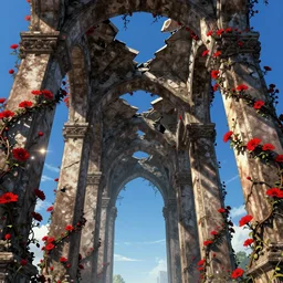 broken arches leading to the pillars of eternity draped with red flowers and vines, blue sky, lens flare, a sense of mystery, cinematic, ultra detailed, intricate, sharp focus, trending on artstation, 8K, comic illustration by Tomer Hanuka