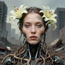 closeup portrait of a cyborg woman with twisting roots and lilies growing out of her face, standing in a desolate apocalyptic city, by Annie Leibovitz and Steve McCurry, natural light, detailed face, CANON Eos C300, ƒ1.8, 35mm, 8K, medium-format print
