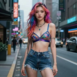 gorgeous woman with colorful hairs, wearing bra and shorts streetwear, cyberpunk city street, fashion photography, costume design, illustration, cinematic color grading, editorial photo, fashion, hyperrealism, trending on artstation, by charlie bowater, detailed, intricate, elegant, vfx, postprocessing, octane render, 8 k
