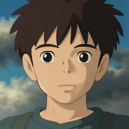 Boy with neutral face, detailed face dramatic clouds, made by Studio Ghibli, WLOP, Accent lighting, front lit, cinematic lighting, highly detailed art, beautiful scene, sharp focus, smooth, 8k