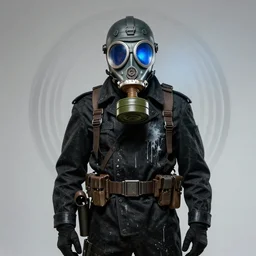 portrait of futuristic world war 1 cyborg soldier with gas mask, black clothes, moonlight blue filter, dripping paint, craig mullins, ash thorpe, fibonacci rhythm ar