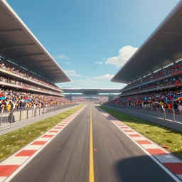 wide angle shot worms eye view of a futuristic racetrack winners circle with confetti on a sunny day with a clear blue sky, cyberpunk, profile shot, digital painting, good value control, vibrant colors, crowded stands, three point perspective, rule of thirds, golden ratio, horizon line focus, sharp focus, vanishing point
