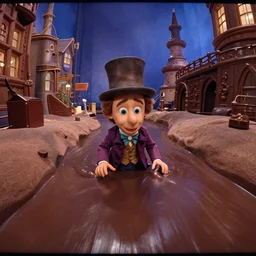 grainy security cam footage still of Augustus Gloop in the chocolate river in Willy Wonka's Chocolate Factory, extreme wide angle