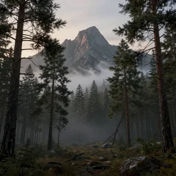 deep forest of foggy pine trees, majestic landscape, dusk, very detailed, octane render, realistic, 8 k, unreal engine 5, dramatic, volumetric, greg rutkowski
