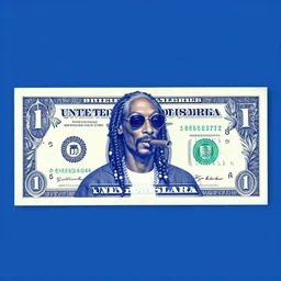 currency design like a dollar bill, blue, with the design of Snoop Dogg with a cigar and glasses printed on currency paper, currency symbols printed, highly detailed, realistic, octane render, One head