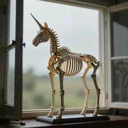 a photograph of an accurate unicorn horse skeleton standing next to an open window, cinematic