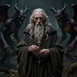 portrait of an old frail ominous wise wizard man wearing an ancient robe, surrounded by demons art by hieronymus bosch