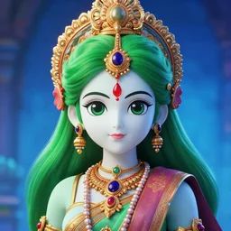 portrait of a green - haired cute kawaii white hindu girl wearing intricate hindu accessories and clothes by greg rutkowski, by studio ghibli, digital art, blue lighting trending on artstation, hd, 8 k, highly detailed, good lighting, beautiful, epic, masterpiece