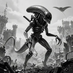 prometheus movie monster, xenomorph, highly detailed background, black and white, unkown city, haze, landscape, castle, 4 k, photograph, tentacles, chainsaw, manta ray