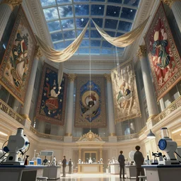 labotatory with giant walls and glass ceilings showing the stars and hanging silk drapery and tapestries, light dust, magnificent, close up, details, sharp focus, elegant, highly detailed, illustration, by Jordan Grimmer and greg rutkowski and PiNe(パイネ) and 薯子Imoko and 香川悠作 and wlop and maya takamura, intricate, beautiful, Trending artstation, pixiv, digital Art