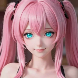 stunningly beautiful omnipotent megalomaniacal anime goddess with porcelain skin, pink twintail hair and mesmerizing cyan eyes, symmetrical perfect face smiling in a mischievous, devious and haughty way while looking down upon the viewer, mid view, hyperdetailed, 2 d, unreal engine 5, 8 k