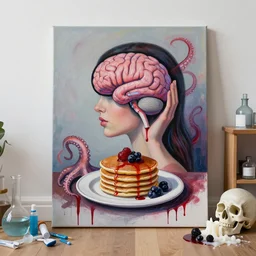woman holding an electronic brain from inside a painting, organic, a portrait in a female art student's apartment, pancakes, berries, octopus, surgical supplies, skull, scientific glassware, art materials, candle dripping white wax, berry juice drips, neo - expressionism, surrealism, acrylic and spray paint and oilstick on canvas