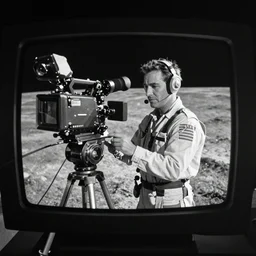 Photo of a television cameraman on the moon, 1960s kinescope on black and white televisions screen, NASA historic, archival