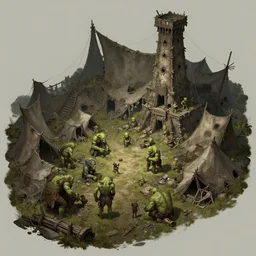 a detailed concept art of medieval orc slums. tents. poorhouses broken. fabric. temporal. povertry. 3 0 0 green orcs. trending on artstation, craig mullins, rutkowski