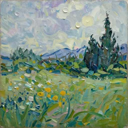 rainy day in a summer landscape in the style of Jackson Pollack, with lots of scumbling, scumbled thick oil paint, oily high relief, shiny and painted in a style of painting similar to Van Gogh but more impasto and less hatching